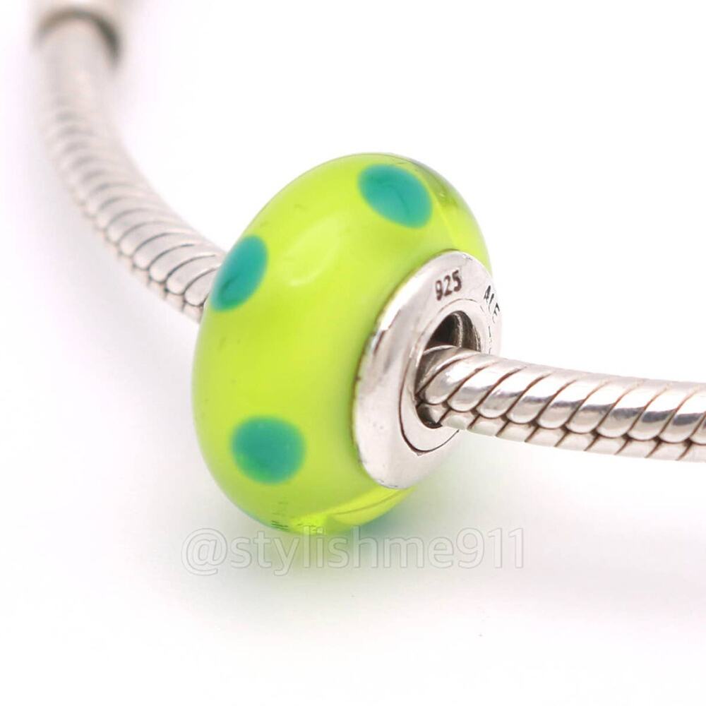 Authentic PANDORA Green Polka Dots Glass Murano Charm - Picture 3 of 9